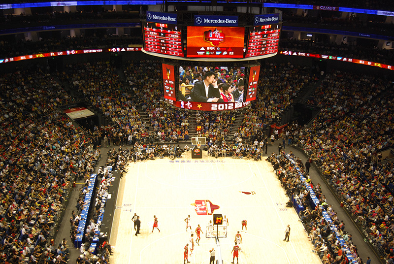 basketball stadiums, circular hanging displays, immersive viewing experience, sports venue upgrades