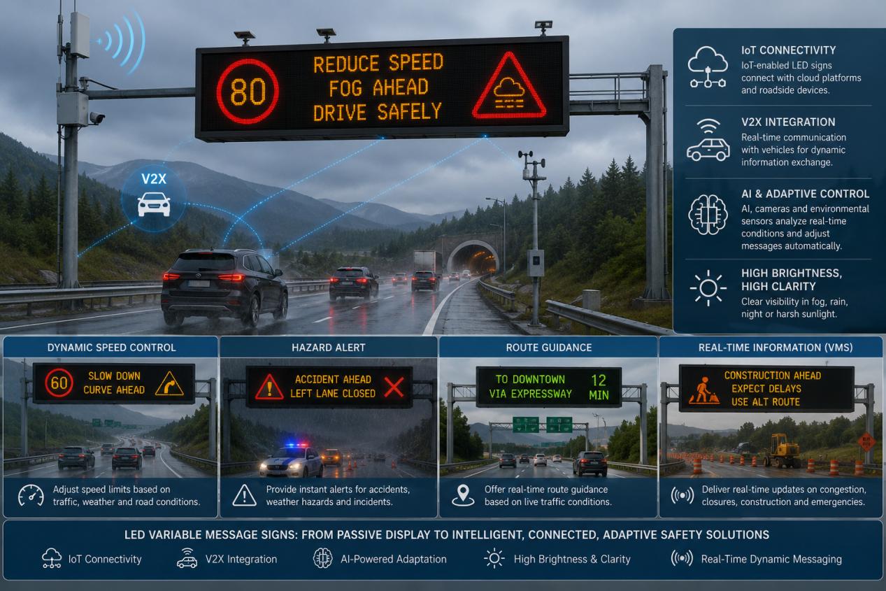 smart LED road signs, LED traffic signs 2026, intelligent road signage, V2X LED signage, solar powered LED signs
