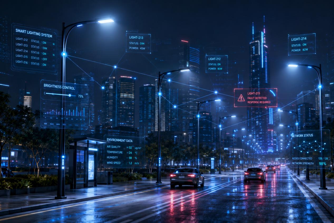 smart LED street lights, intelligent street lighting, remote dimming, smart city lighting, IoT street light control, predictive fault detection, LED street light management